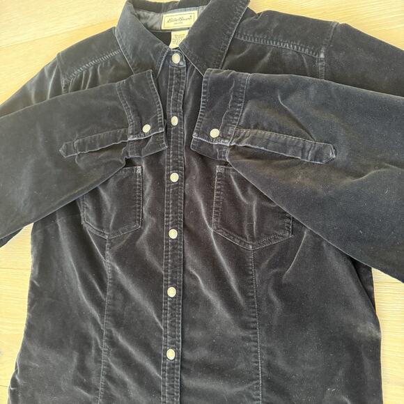 Eddie Bauer Black Snap Front Velour Top Women's Tall M Shirt Cotton Heavyweight - Picture 2 of 10